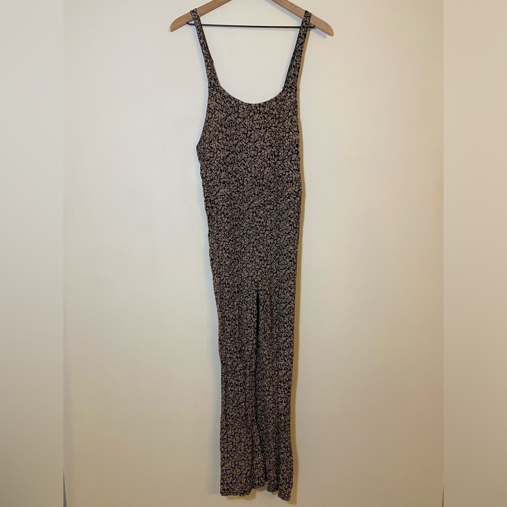 Flynn Skye Yup Overalls Jumpsuit Black Floral Rayon Wide Flare Leg Sz S Slim